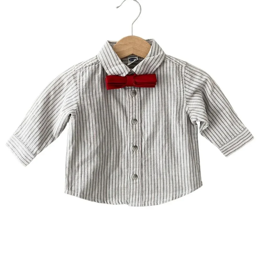 Old Navy Button Front Striped Shirt - Bowtie - Red Green White - 3-6M